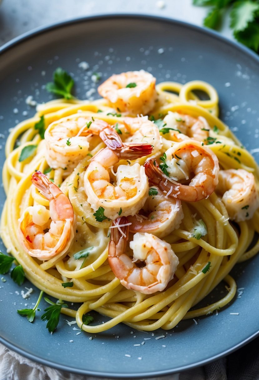 A steaming plate of creamy shrimp alfredo with twirling pasta, garnished with fresh herbs and parmesan cheese