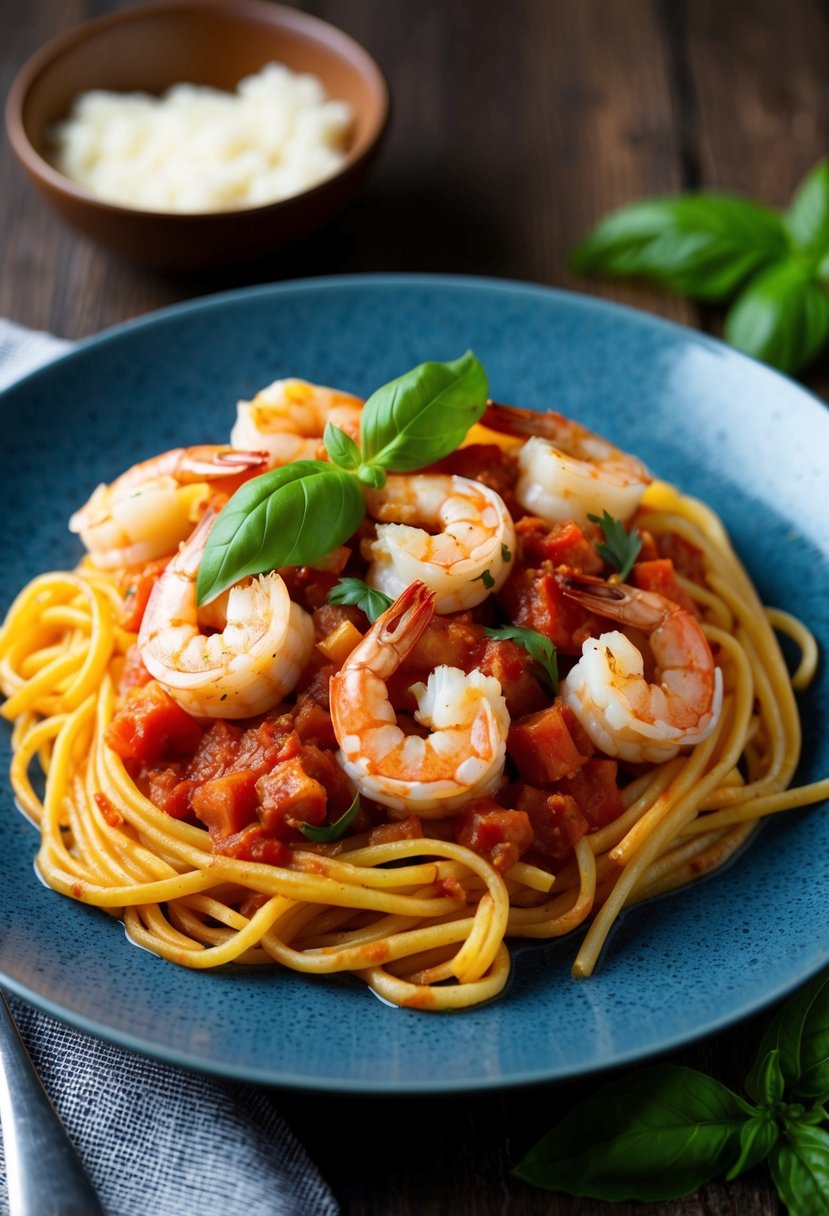 A steaming plate of Shrimp Fra Diavolo with spicy tomato sauce and al dente pasta, garnished with fresh basil leaves