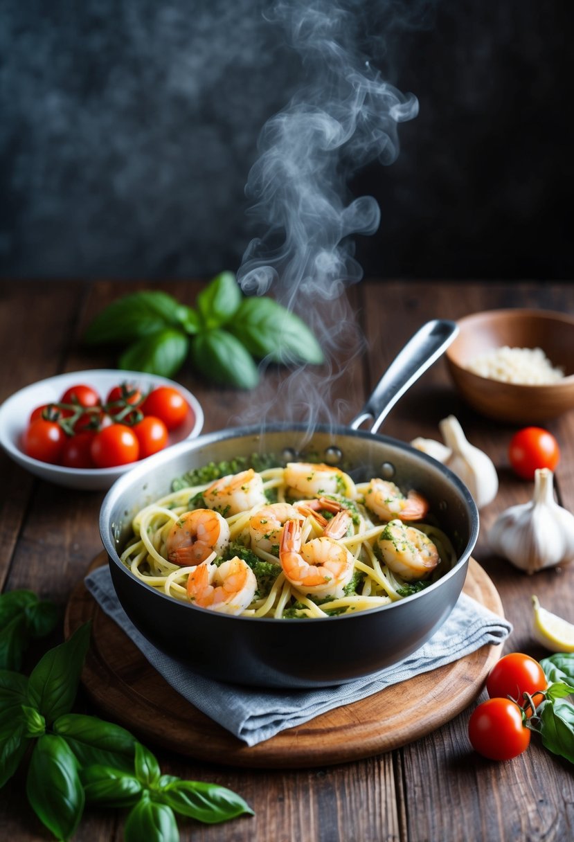 A rustic kitchen with a steaming pot of pesto shrimp pasta on a wooden table, surrounded by fresh basil, garlic, and cherry tomatoes