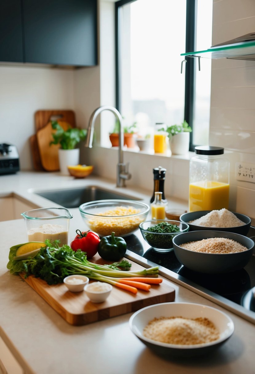 A kitchen counter with various ingredients and cooking utensils for meal prep to gain weight