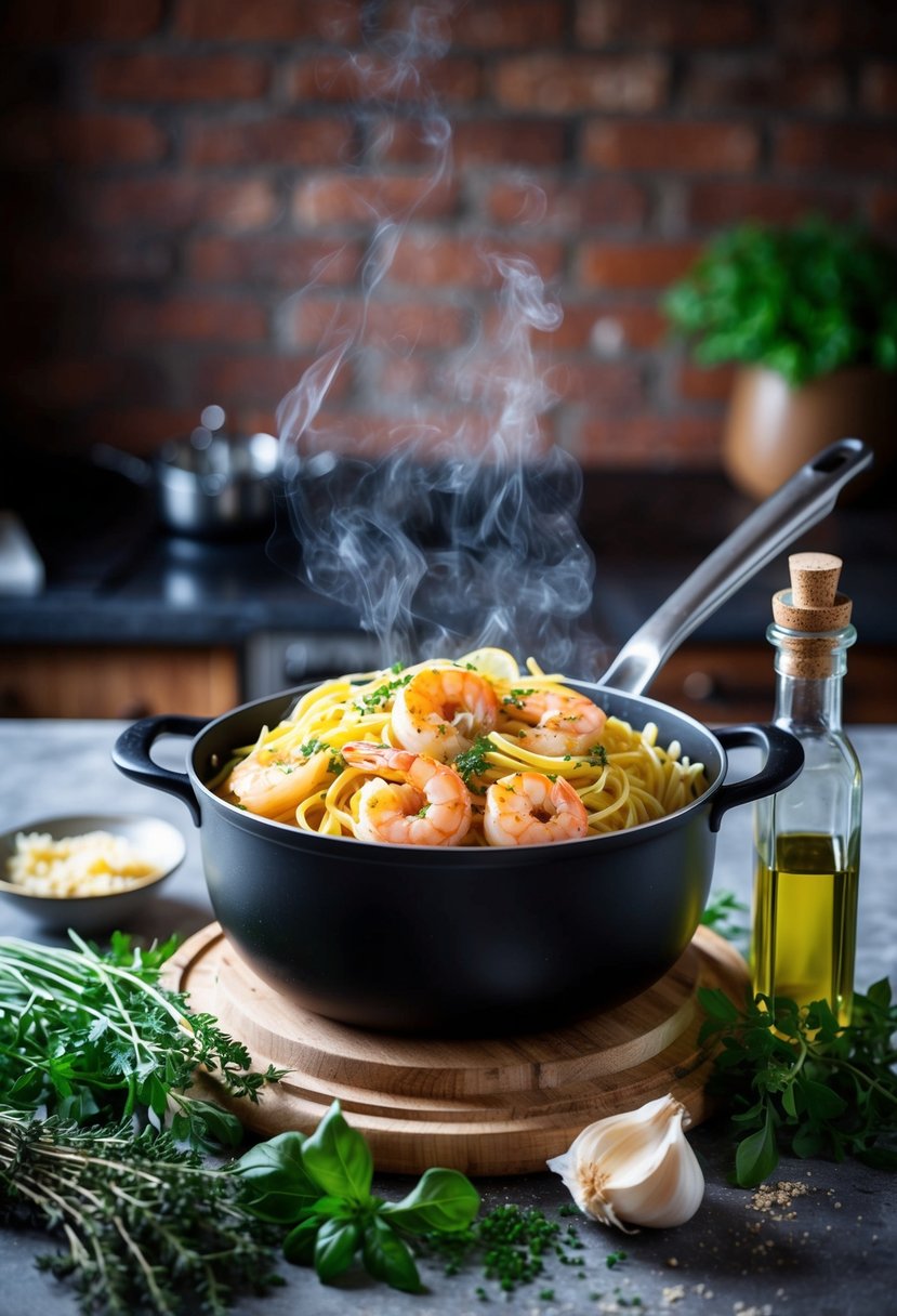 A rustic kitchen with a steaming pot of Tuscan garlic shrimp pasta surrounded by fresh herbs and a bottle of olive oil