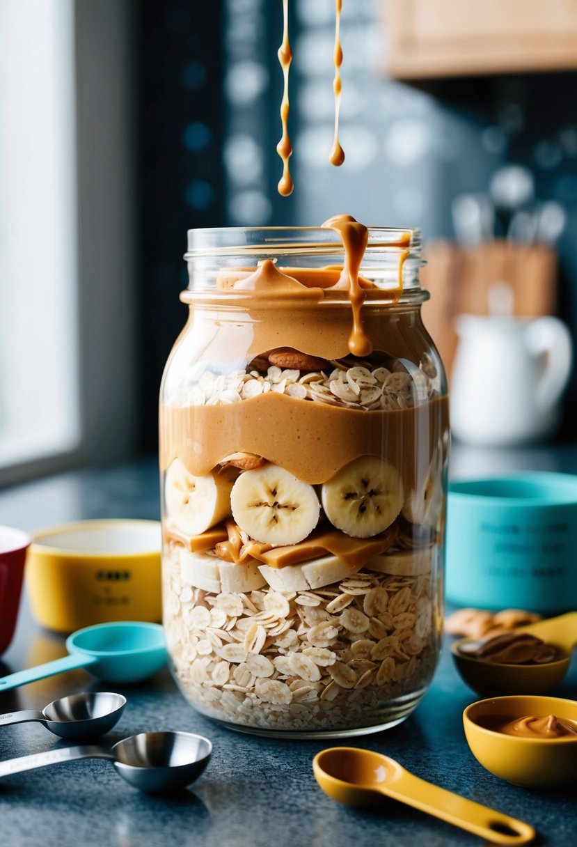 A glass jar filled with layers of oats, sliced bananas, and drizzled with peanut butter, surrounded by measuring cups and spoons on a kitchen counter