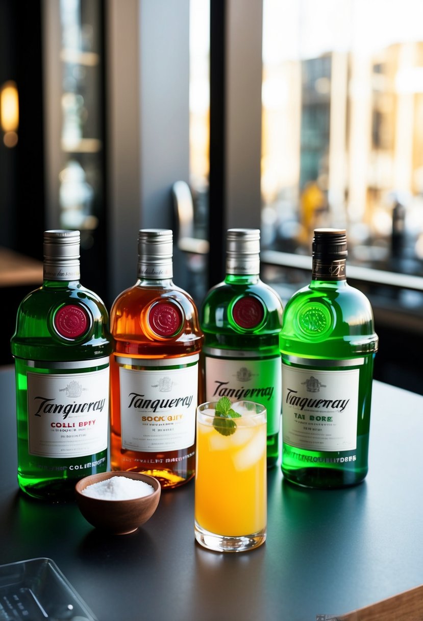 A table with a variety of Tanqueray drinks and ingredients arranged neatly for a cocktail recipe illustration