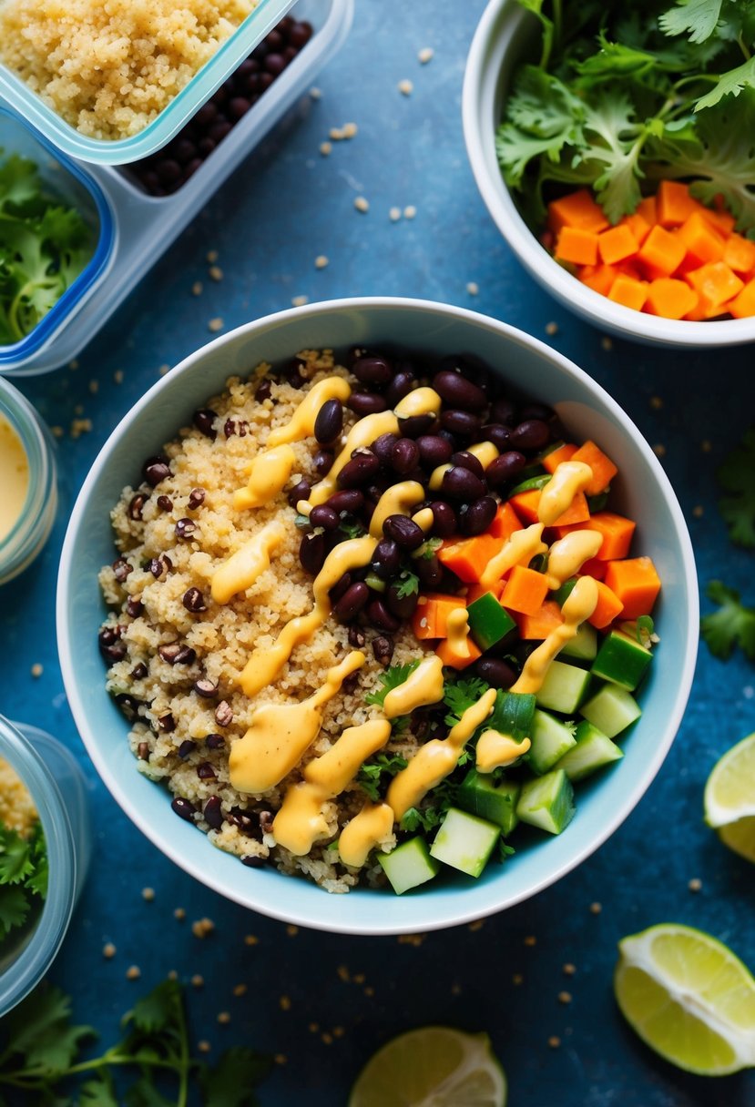 A colorful bowl filled with quinoa, black beans, diced vegetables, and a drizzle of dressing, surrounded by fresh ingredients and meal prep containers