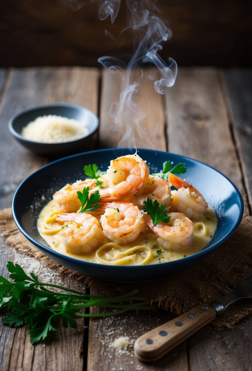 A steaming plate of creamy shrimp carbonara sits on a rustic wooden table, garnished with fresh parsley and grated parmesan