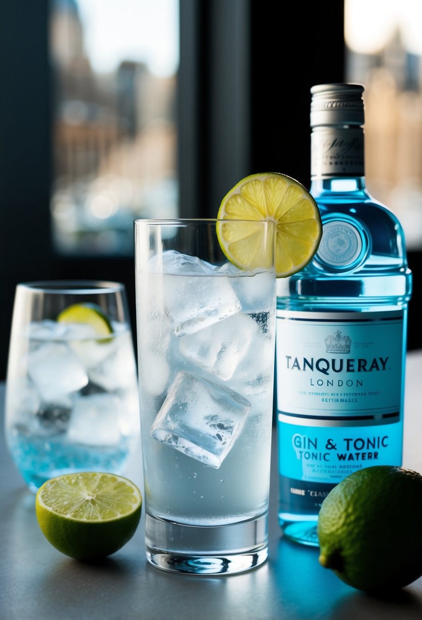 A tall glass filled with ice, clear liquid, and a lime wedge, with a bottle of Tanqueray London Gin and tonic water nearby