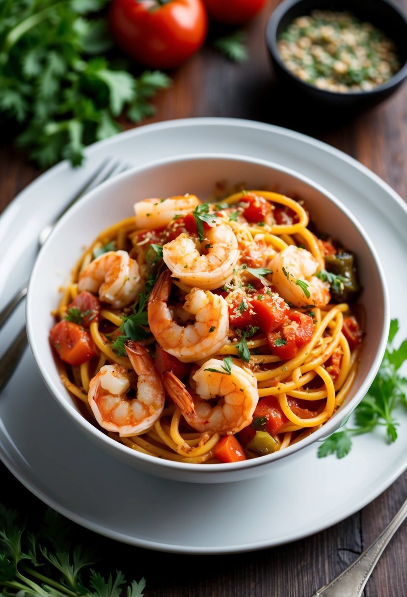 A steaming bowl of spicy shrimp arrabbiata pasta with fresh herbs and tomatoes