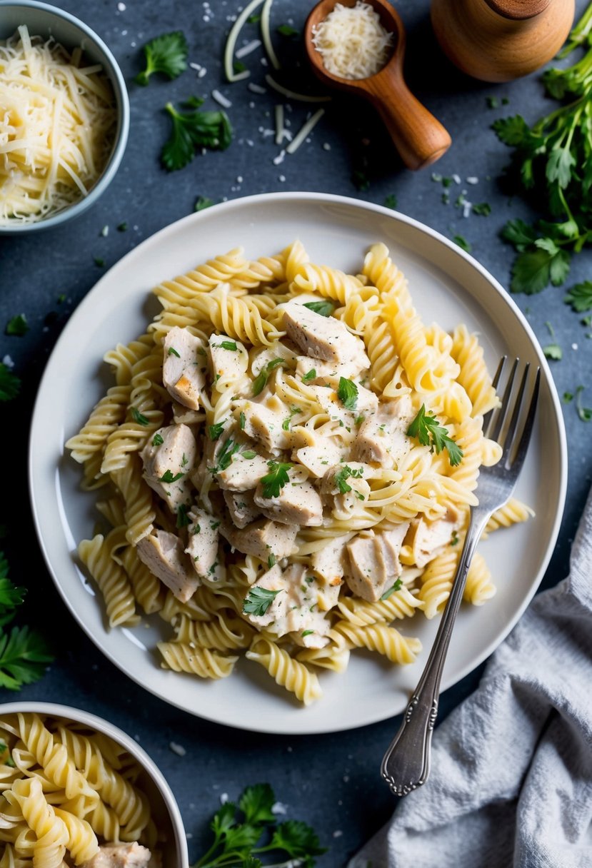 A plate of creamy Chicken Alfredo Pasta surrounded by ingredients like chicken, pasta, cheese, and herbs, with a fork resting on the side