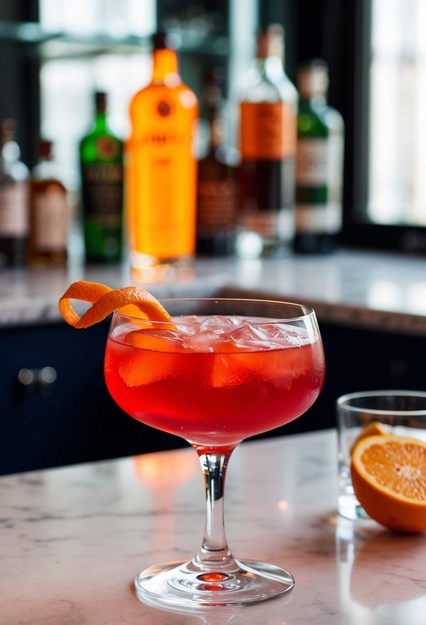 A crystal clear glass filled with a vibrant red Tanqueray Negroni cocktail, garnished with a twist of orange peel, sits on a marble countertop