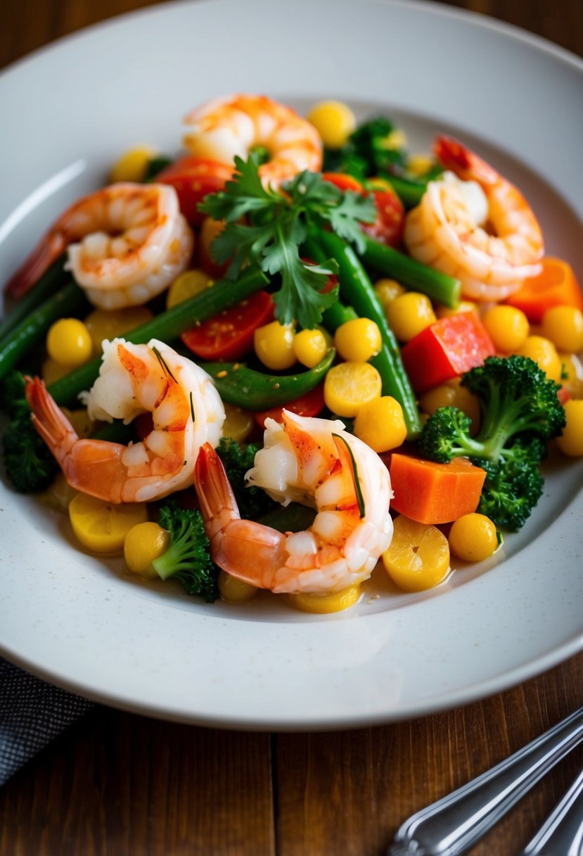 A steaming plate of shrimp primavera with colorful vegetables and al dente pasta