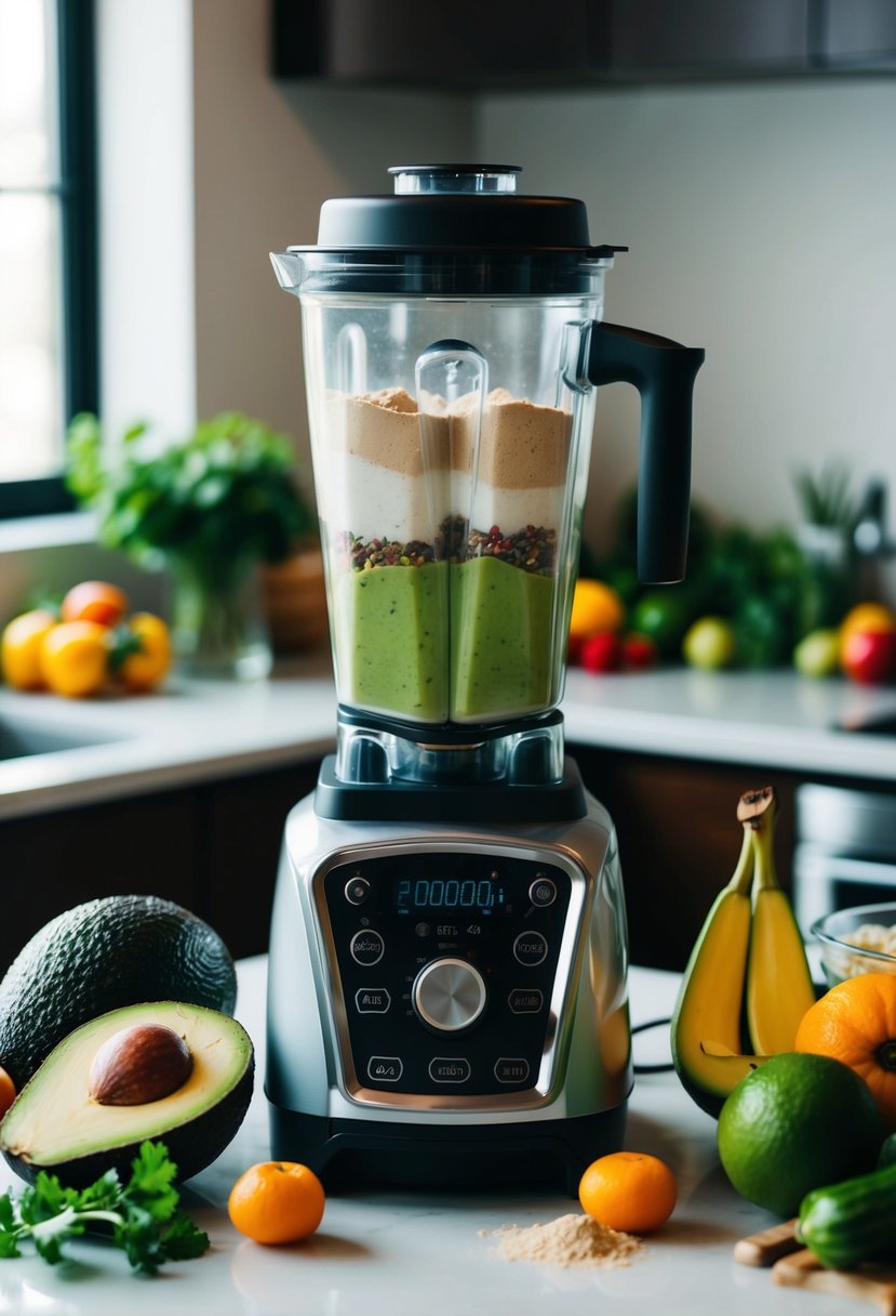 A blender filled with avocado, protein powder, and other ingredients, surrounded by fresh fruits and vegetables on a kitchen counter