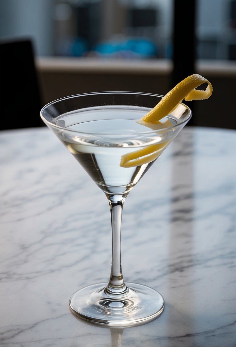 A sleek martini glass sits on a marble table, filled with a clear, chilled liquid and garnished with a twist of lemon peel