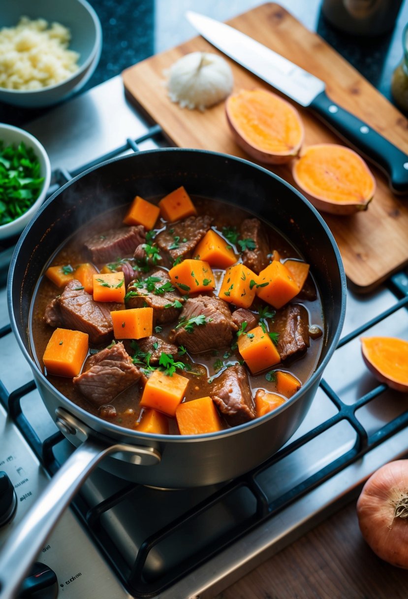 A pot of beef and sweet potato stew simmers on a stovetop, surrounded by chopping board, knife, and various ingredients