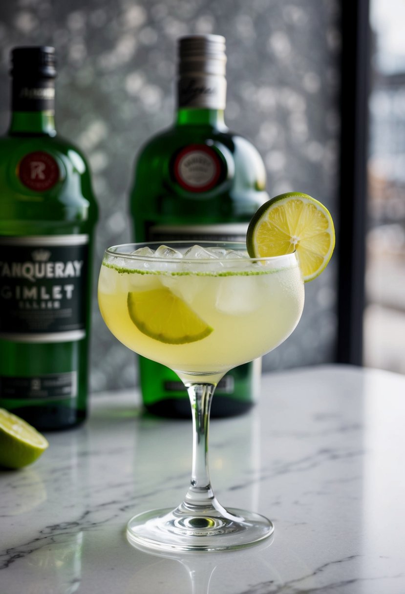 A glass filled with Tanqueray Gimlet cocktail, garnished with a lime wedge, sits on a marble countertop