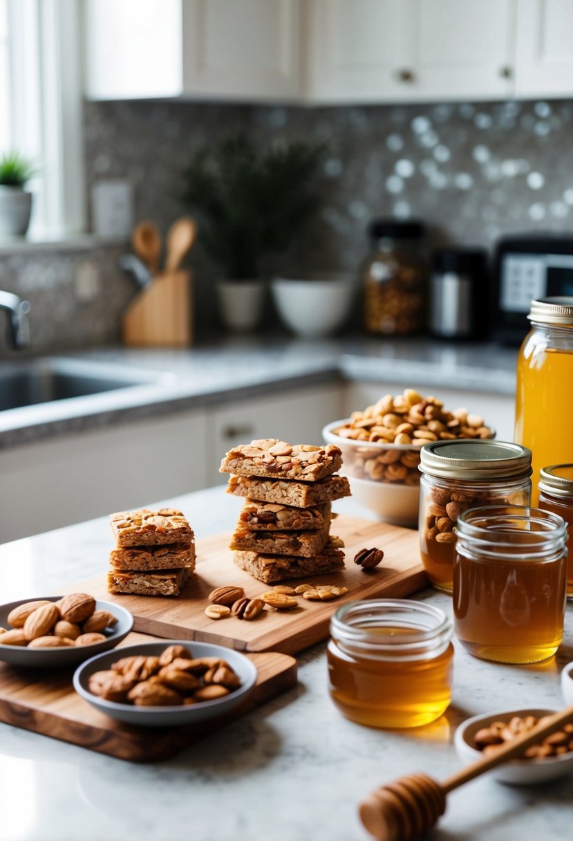 A kitchen counter with an assortment of granola bars, nuts, and jars of honey, ready for meal prep