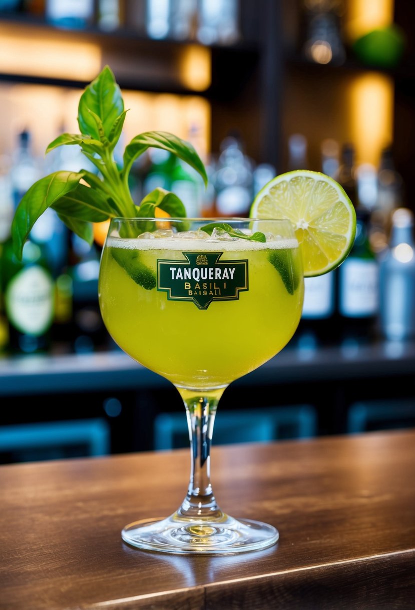 A glass filled with Tanqueray Basil Smash cocktail, garnished with fresh basil leaves and a slice of lime, sitting on a wooden bar counter