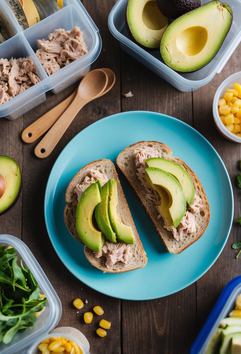 A plate of tuna and avocado sandwiches on whole wheat bread, surrounded by ingredients and meal prep containers