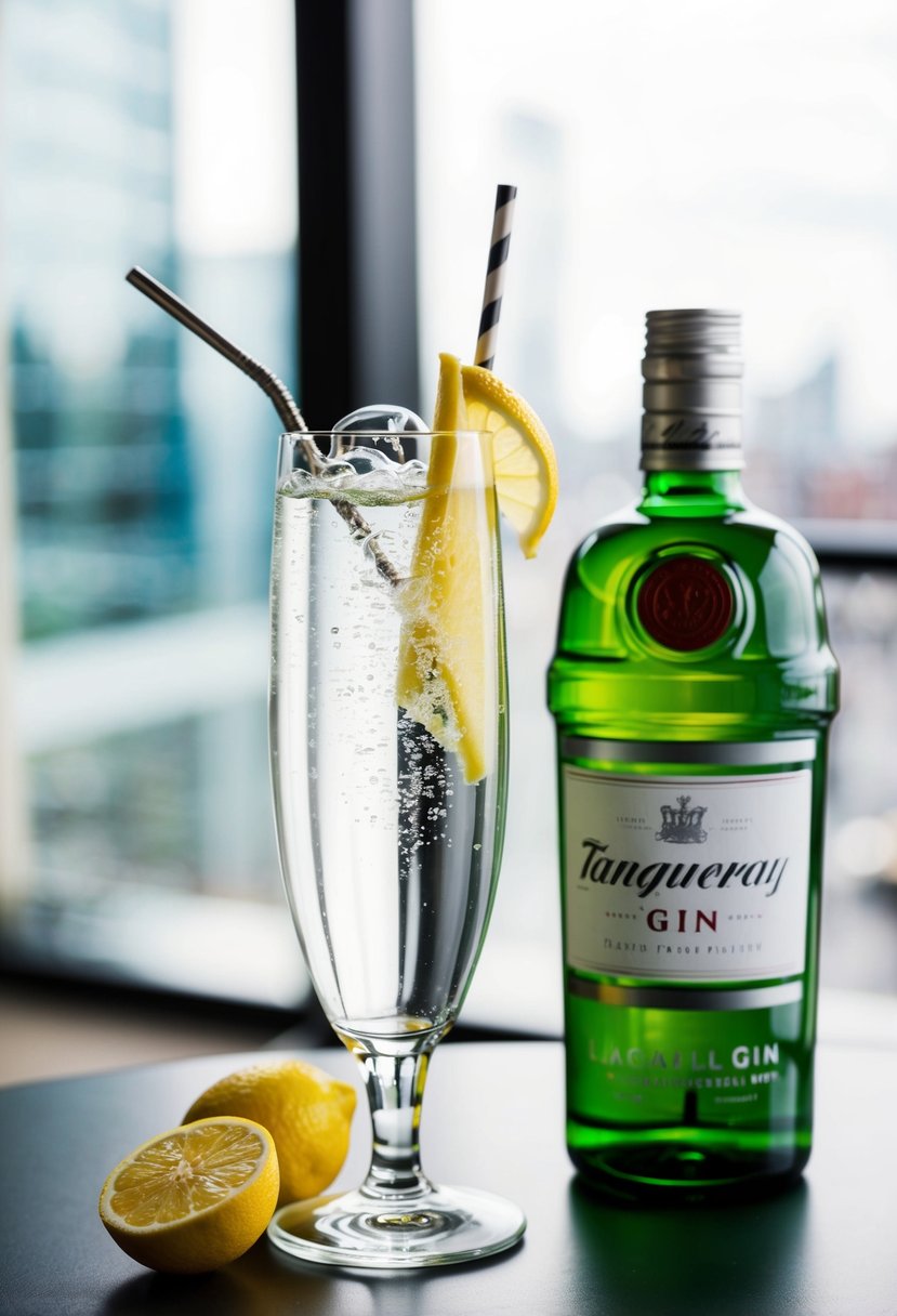 A tall, elegant glass filled with a clear liquid, garnished with a twist of lemon, and topped with bubbles. A bottle of Tanqueray gin sits nearby