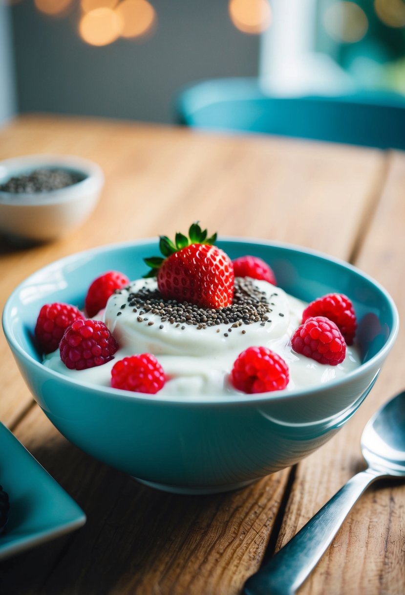 A bowl of Greek yogurt topped with chia seeds and fresh berries on a wooden table