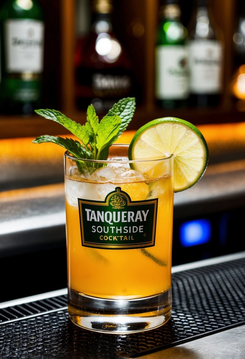 A glass filled with a refreshing Tanqueray Southside cocktail, garnished with a sprig of fresh mint and a slice of lime, sits on a bar counter