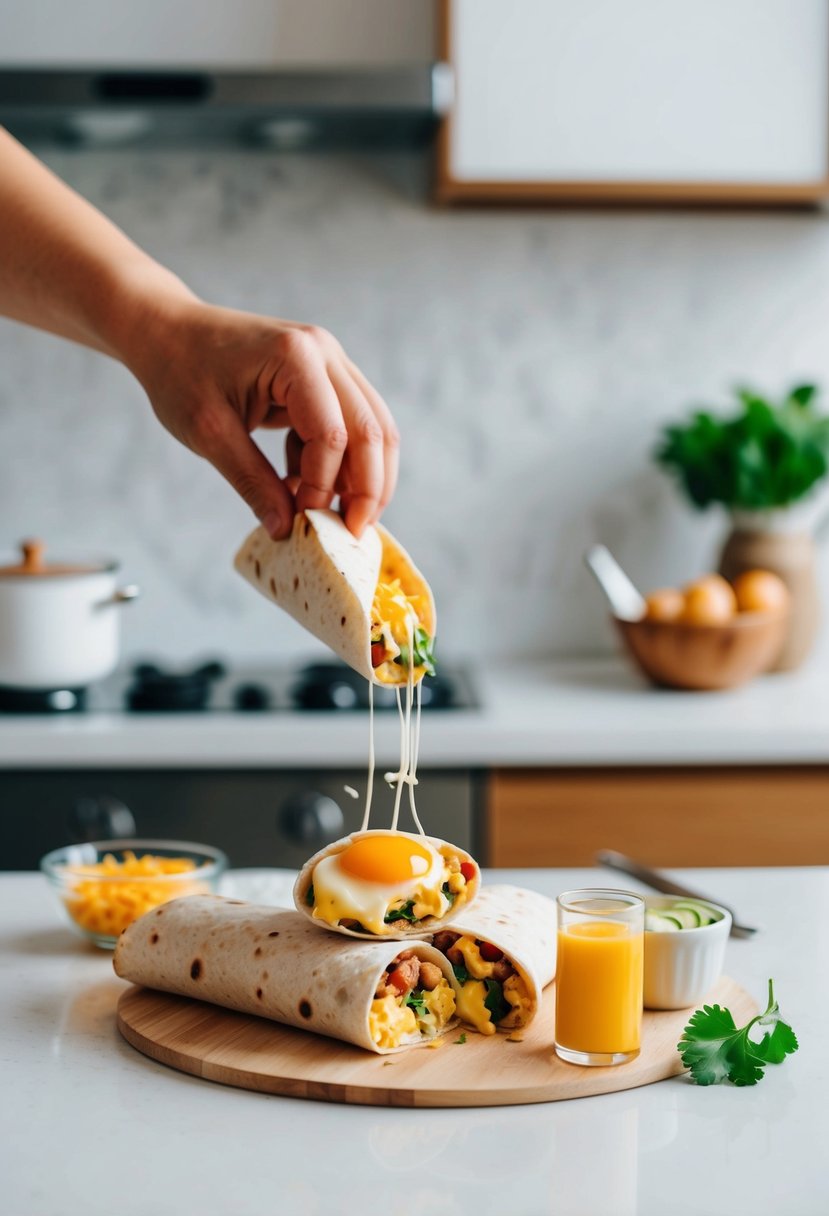 A breakfast burrito being assembled with eggs, cheese, and other ingredients on a clean kitchen counter