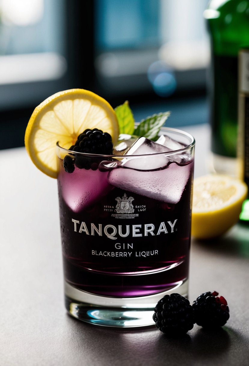 A glass filled with ice, Tanqueray gin, and blackberry liqueur. A fresh lemon slice and a few blackberries garnish the drink