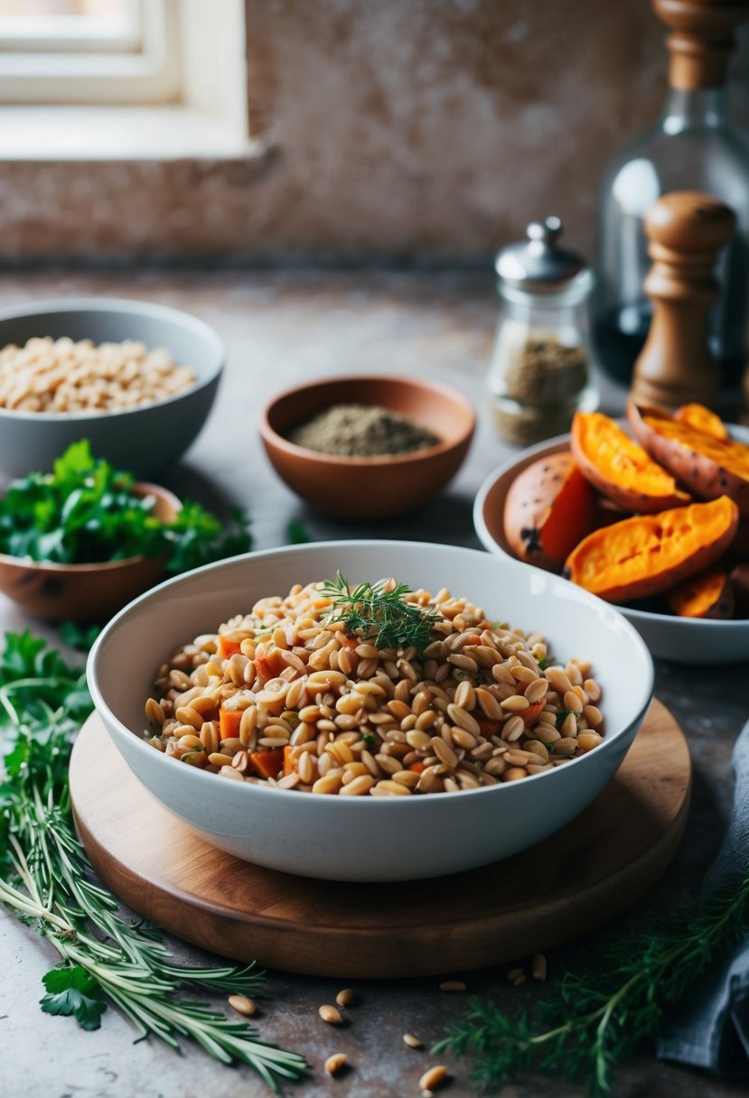 A rustic kitchen counter with a bowl of cooked farro, roasted sweet potatoes, fresh herbs, and various spices scattered around