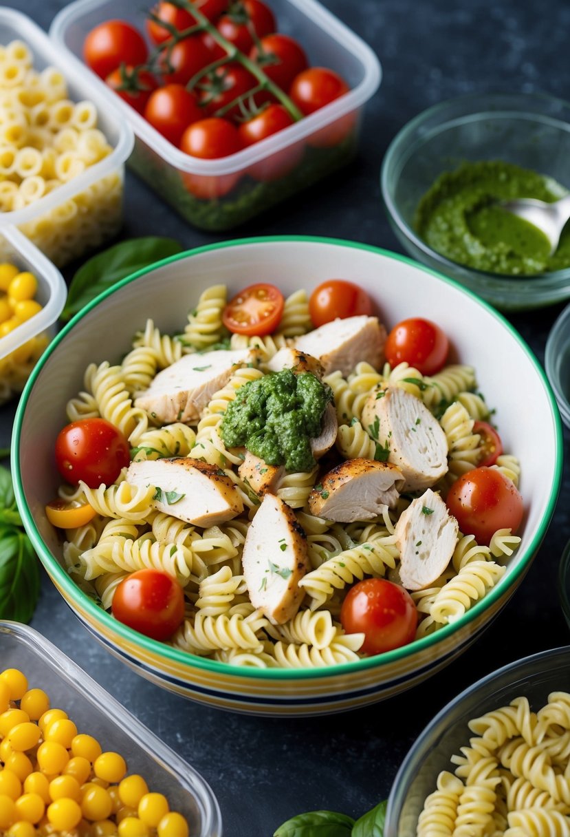 A colorful bowl of pasta salad with grilled chicken, cherry tomatoes, and fresh basil pesto, surrounded by meal prep containers and ingredients