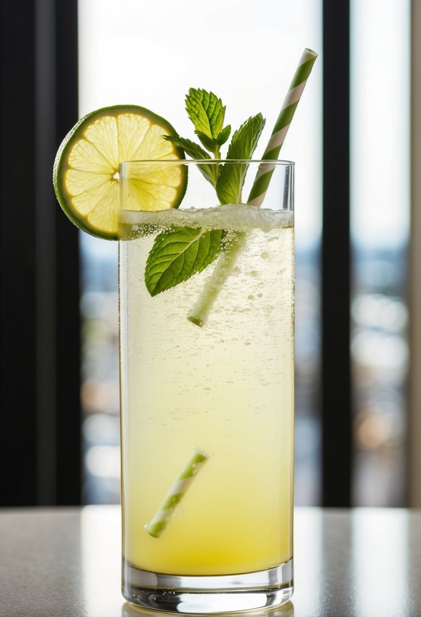 A tall glass filled with a fizzy, pale yellow liquid, garnished with a slice of lime and a sprig of fresh mint