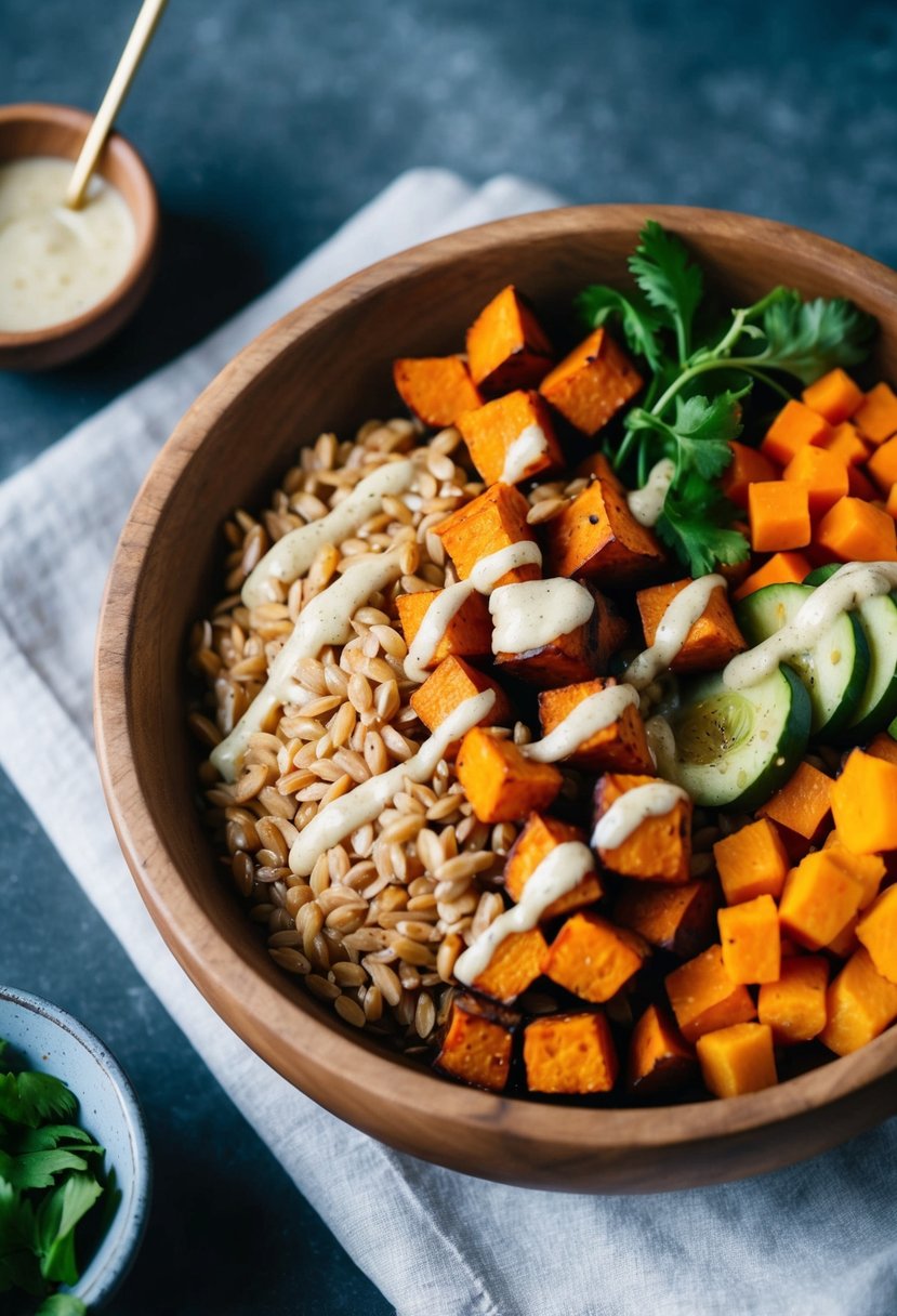 A rustic wooden bowl filled with cooked farro, roasted sweet potato cubes, and assorted colorful vegetables, topped with a drizzle of tahini dressing