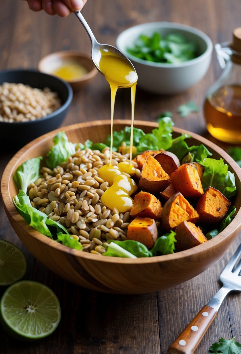 A wooden salad bowl filled with cooked farro, roasted sweet potatoes, and drizzled with honey-lime dressing, surrounded by fresh ingredients