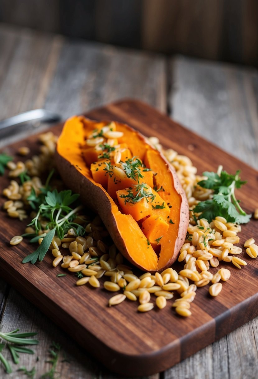 A wooden cutting board with roasted sweet potato, farro, and fresh herbs scattered on it