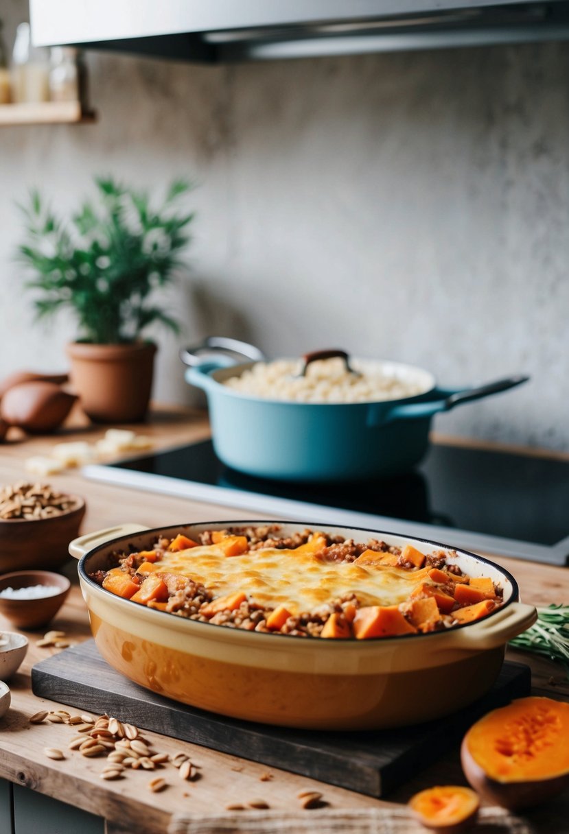 A rustic kitchen counter with a bubbling casserole dish filled with cheesy farro and sweet potato, surrounded by scattered recipe ingredients