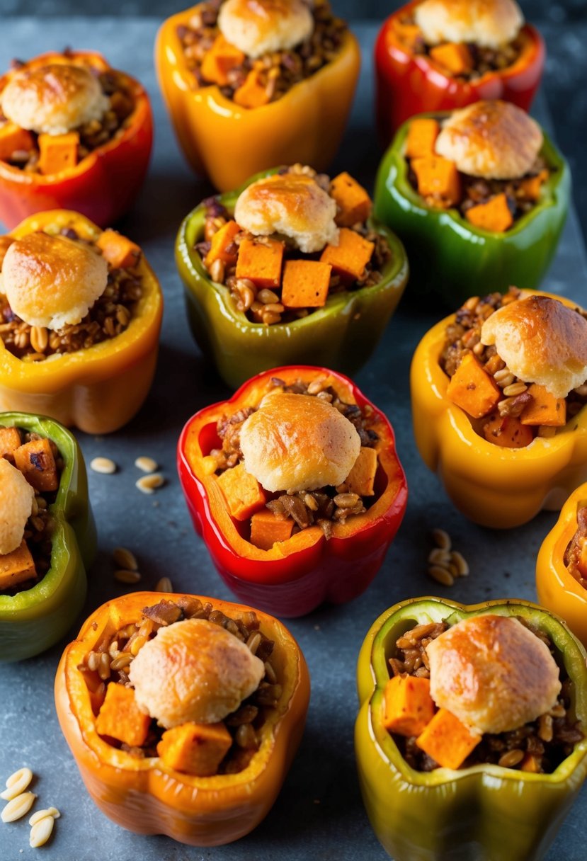 A colorful array of stuffed peppers filled with a hearty mixture of sweet potato and farro, topped with a golden brown crust