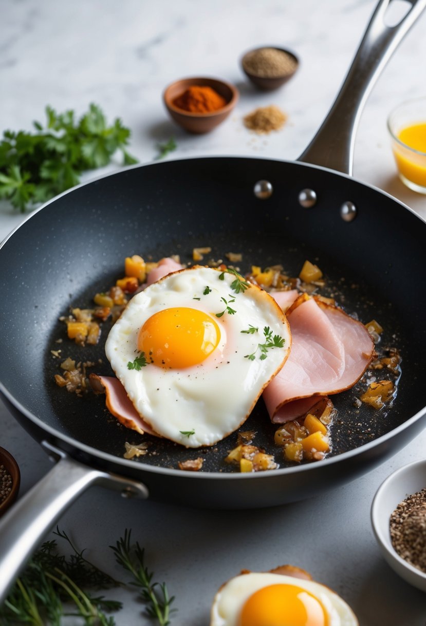 A frying pan sizzling with eggs and ham, surrounded by a variety of spices and herbs