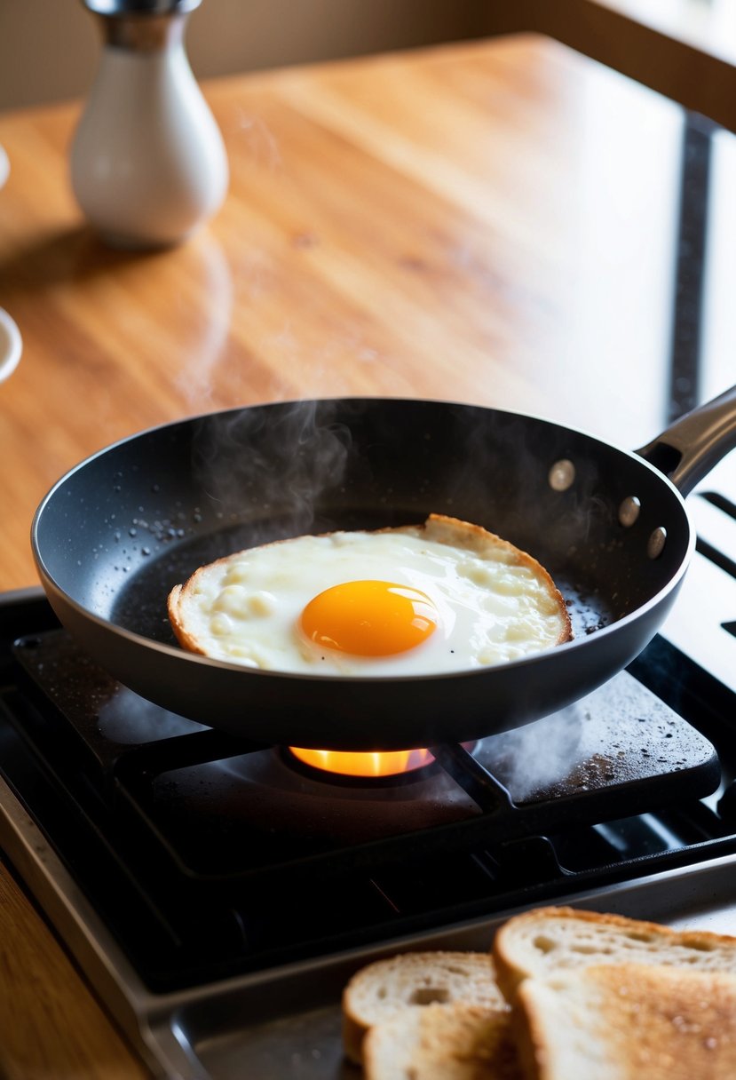 A sizzling egg frying in a pan, while a slice of ham sizzles on a nearby griddle. Two slices of bread wait to be toasted