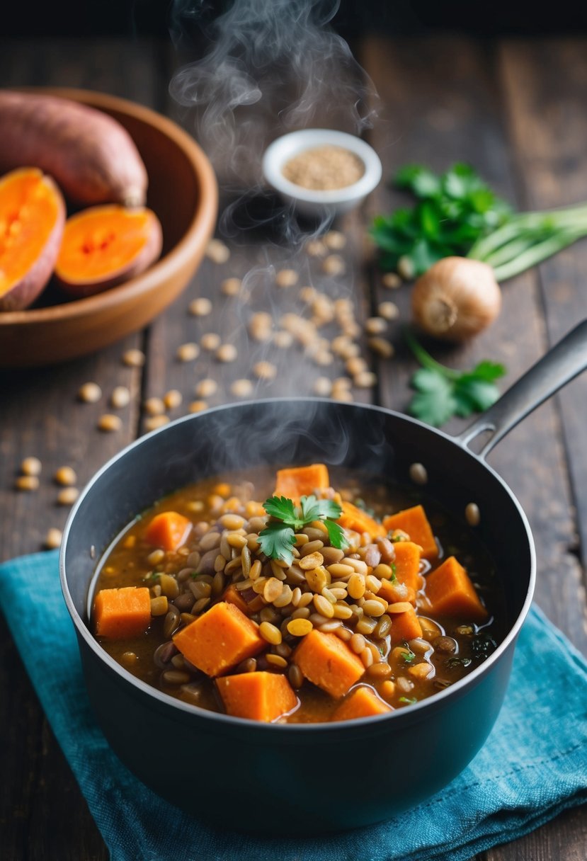 A steaming pot of sweet potato and farro lentil stew, with colorful ingredients scattered around on a rustic wooden table