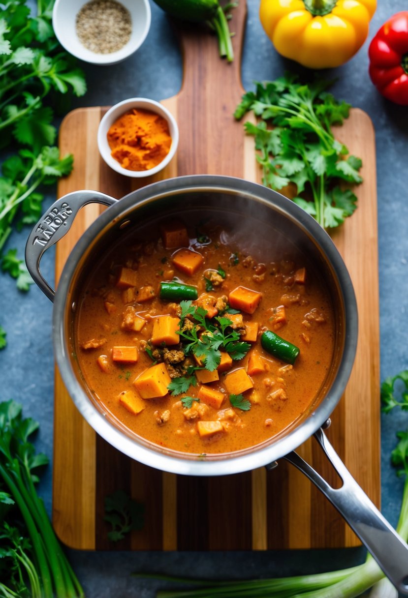 A pot simmering with Trader Joe's red curry sauce, surrounded by fresh vegetables and aromatic spices on a wooden cutting board