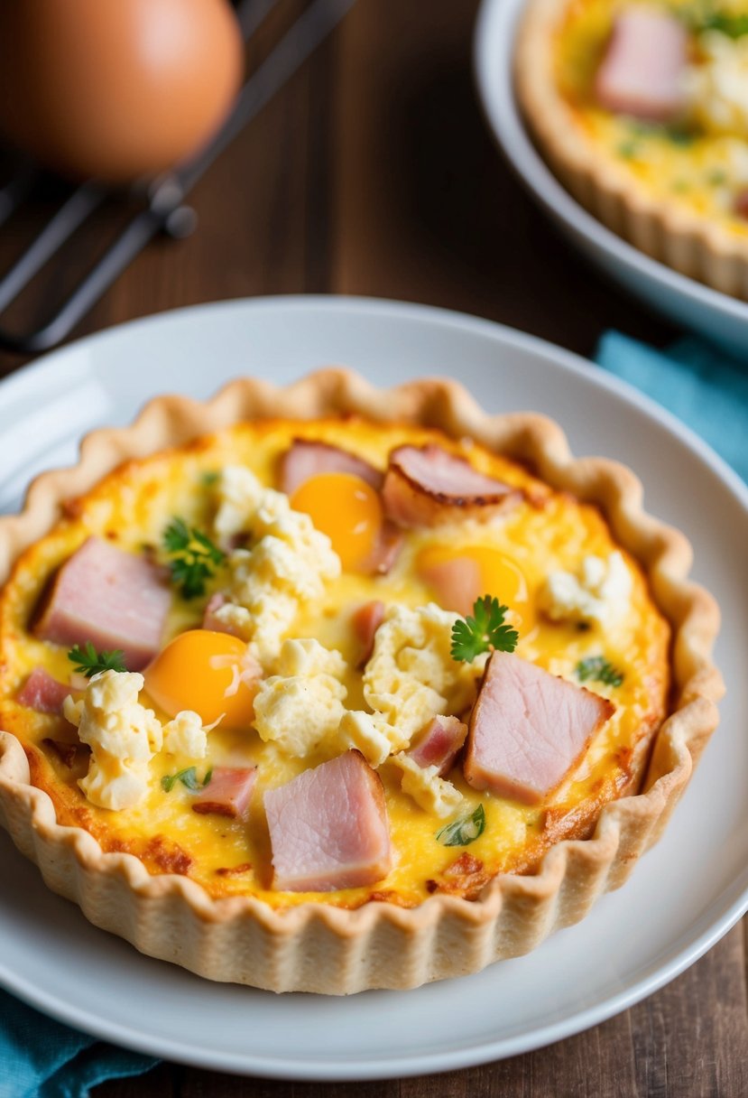 A golden-brown quiche with a flaky crust, filled with chunks of savory ham and fluffy scrambled eggs