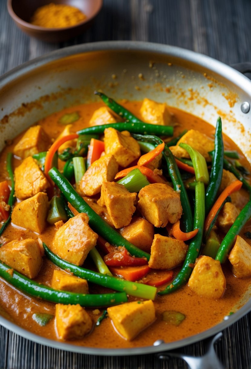 A sizzling pan of red curry chicken stir-fry with colorful vegetables and tender chunks of chicken, coated in a rich and aromatic red curry sauce