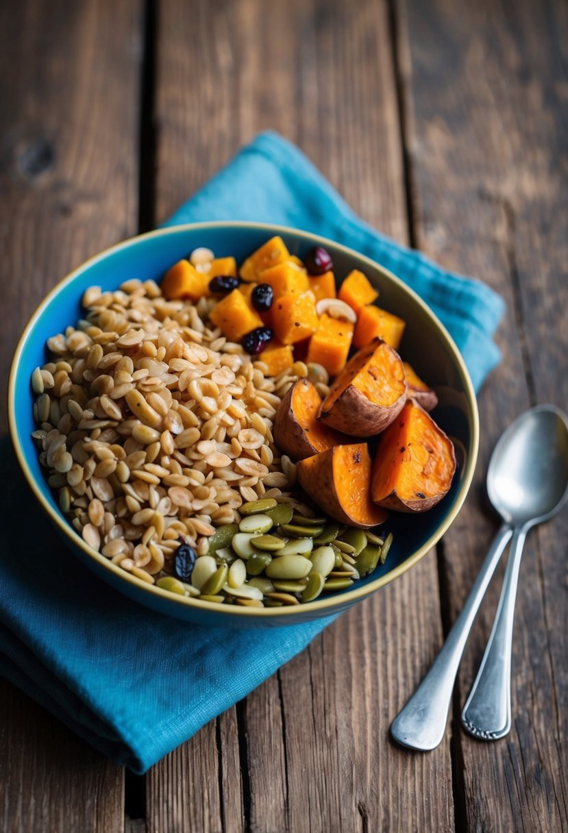 A rustic wooden table with a colorful breakfast bowl filled with cooked farro, roasted sweet potatoes, and a variety of toppings like nuts, seeds, and fresh fruit