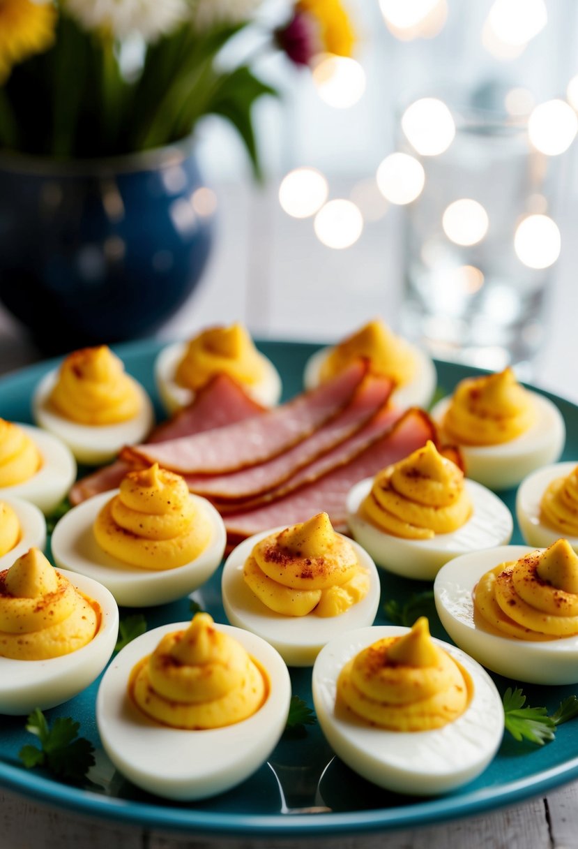 A platter of deviled eggs topped with slices of ham