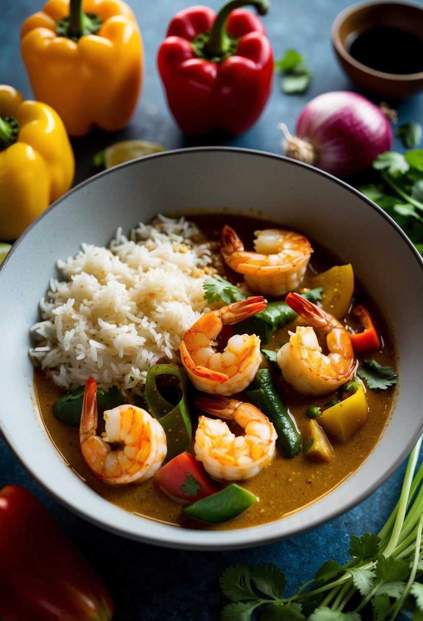 A steaming bowl of shrimp red curry with jasmine rice, surrounded by colorful ingredients like bell peppers, onions, and cilantro