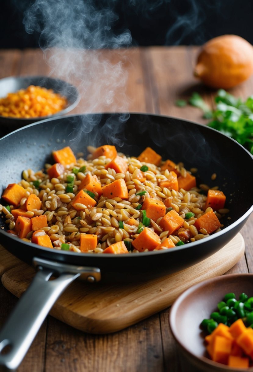 A sizzling stir-fry pan filled with cooked farro, diced sweet potatoes, and a medley of colorful vegetables, emitting a tantalizing aroma of spicy and sweet flavors