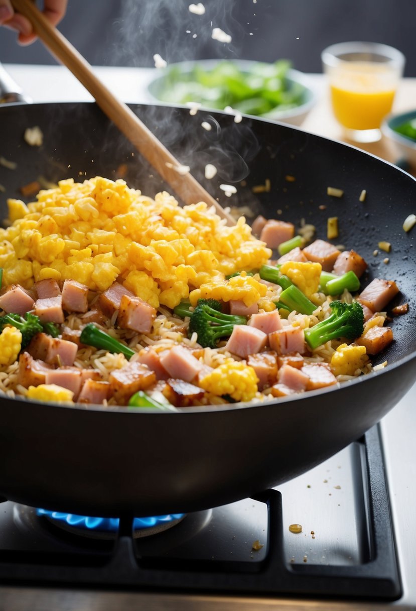 A sizzling wok stir-frying diced ham, scrambled eggs, and rice with soy sauce and vegetables