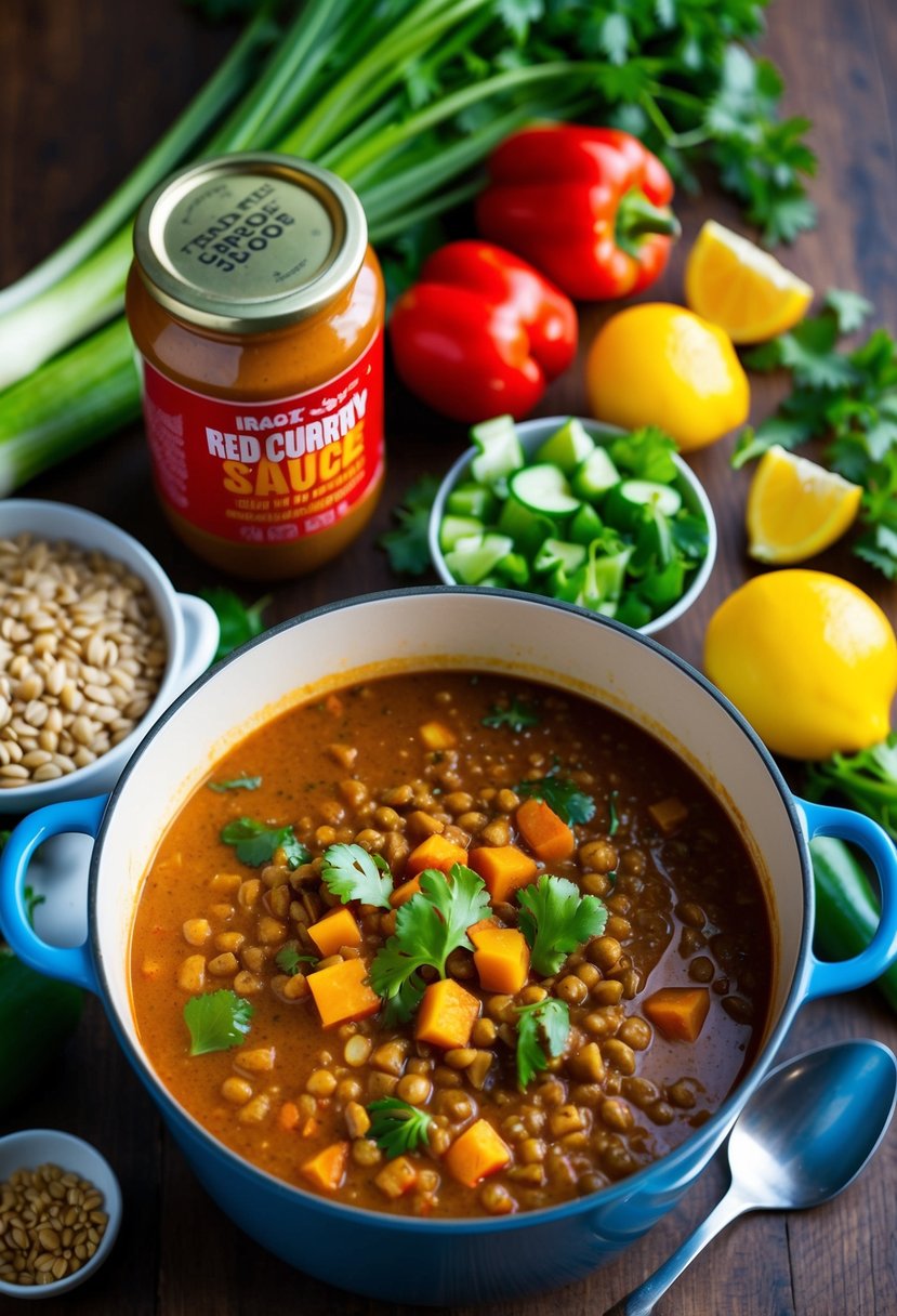 A pot of simmering red curry lentil soup surrounded by fresh vegetables and a jar of Trader Joe's red curry sauce