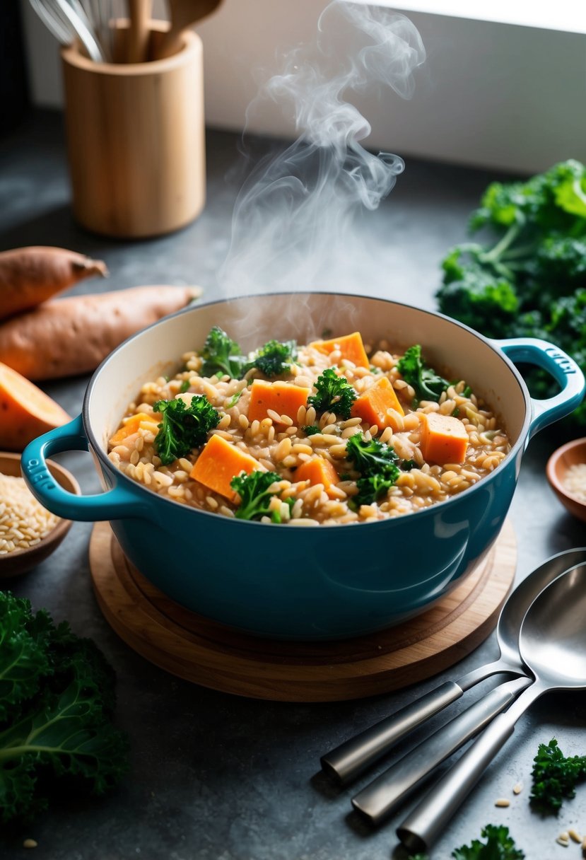 A steaming pot of farro risotto with chunks of sweet potato and vibrant green kale, surrounded by fresh ingredients and cooking utensils on a rustic kitchen counter