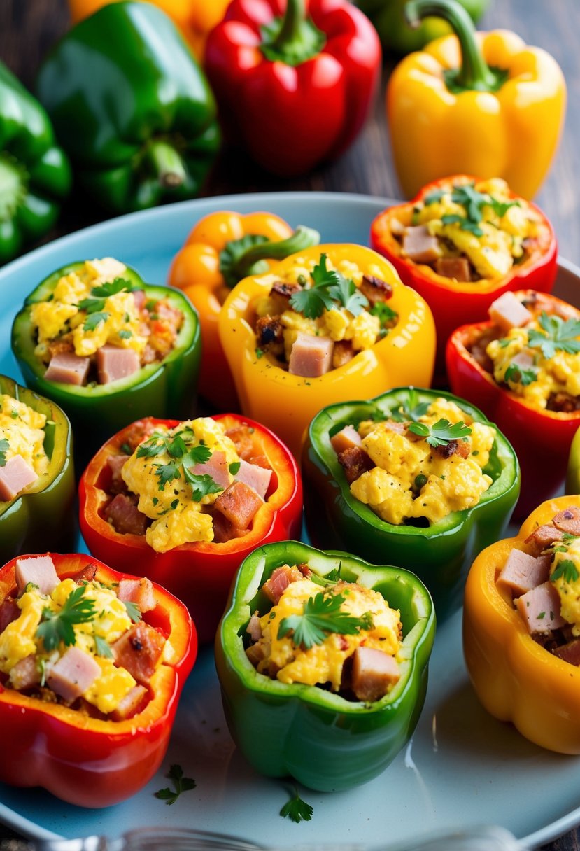 A colorful array of bell peppers stuffed with a mixture of diced ham and scrambled eggs, garnished with fresh herbs and ready to be baked