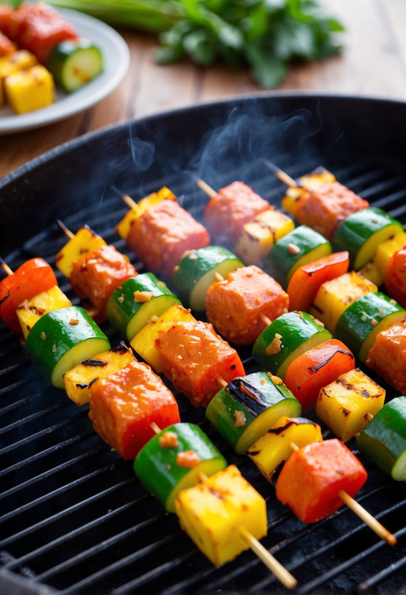 Fresh vegetables skewered and coated in Trader Joe's red curry sauce, sizzling on a hot grill. A tantalizing aroma fills the air as the vibrant colors of the vegetables pop against the grill marks