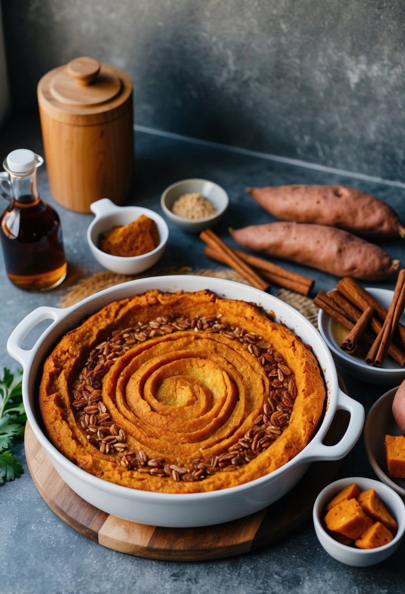 A rustic kitchen counter with a baking dish filled with a golden-brown Cinnamon-Maple Sweet Potato Farro Breakfast Bake, surrounded by fresh ingredients like sweet potatoes, cinnamon sticks, and maple syrup